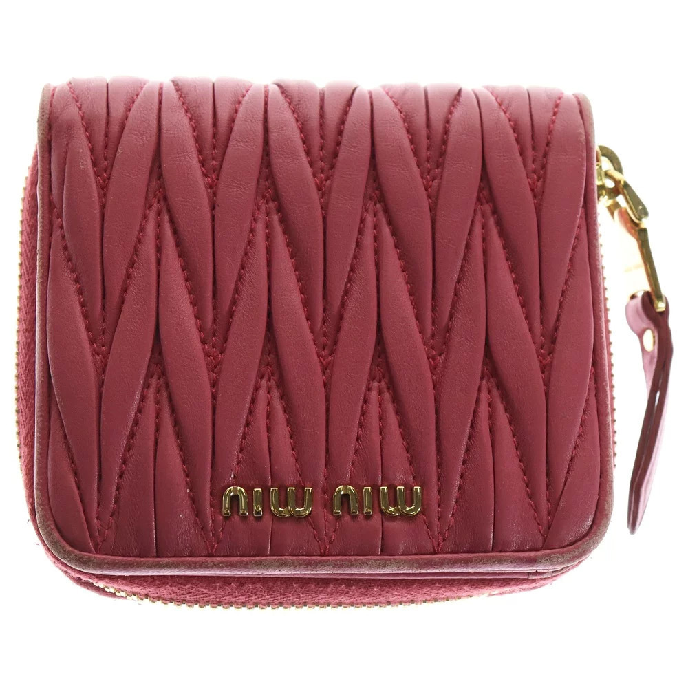 Miu Miu Matelasse Round Zip Leather Compact Wallet Pink